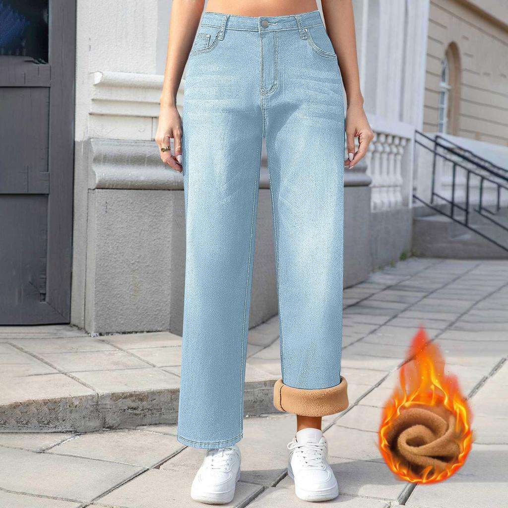 Women Winter Thciken Fleece Keep Warm Denim Jeans Ladies High Street Straight Pants