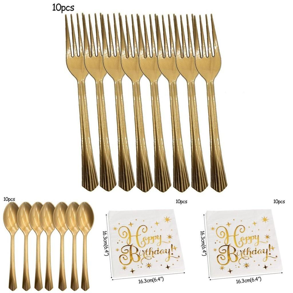 Stylish Gold Polka Dot Stamping Happy Birthday Party Decor Supplies Disposable Tableware Essentials