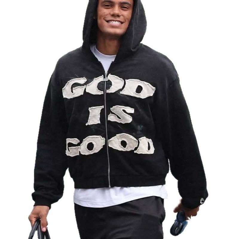 Sudadera Unisex Streetwear con Bordado God Is Good Estampado Flocado Corte Oversize Manga Larga Negra