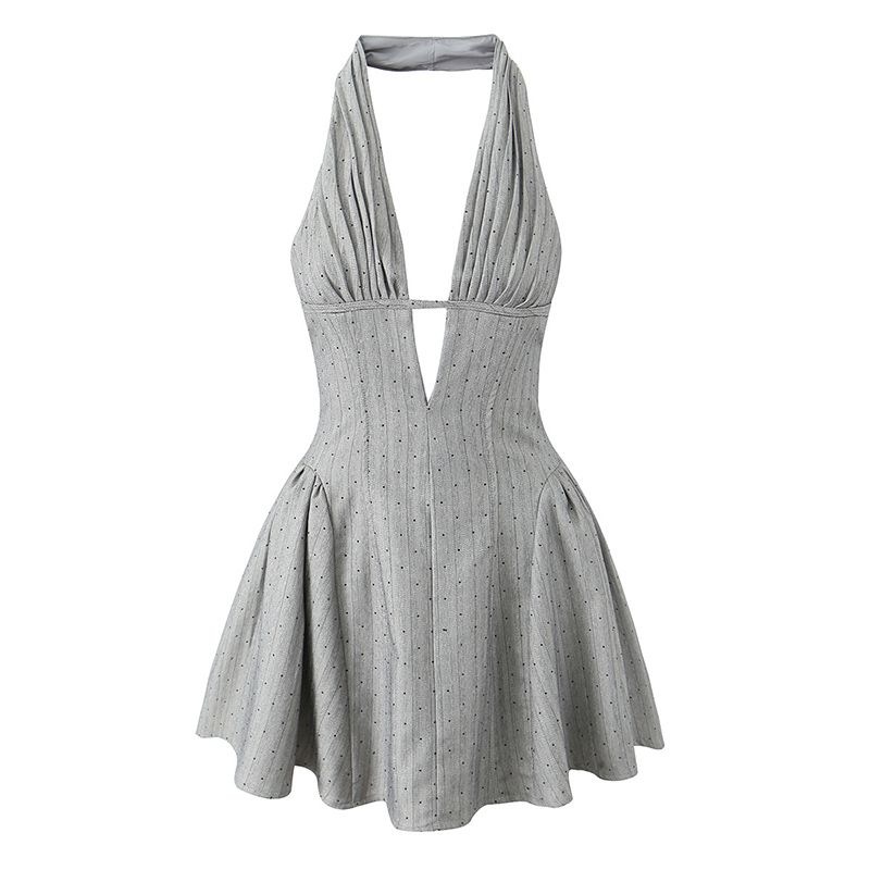 

Ambitious Lovers Vietnam Niche Design High Sense Hot Drilling Sexy Deep V-neck Hanging Neck Backless Dress Guest dresses Grey Neck Skirt L