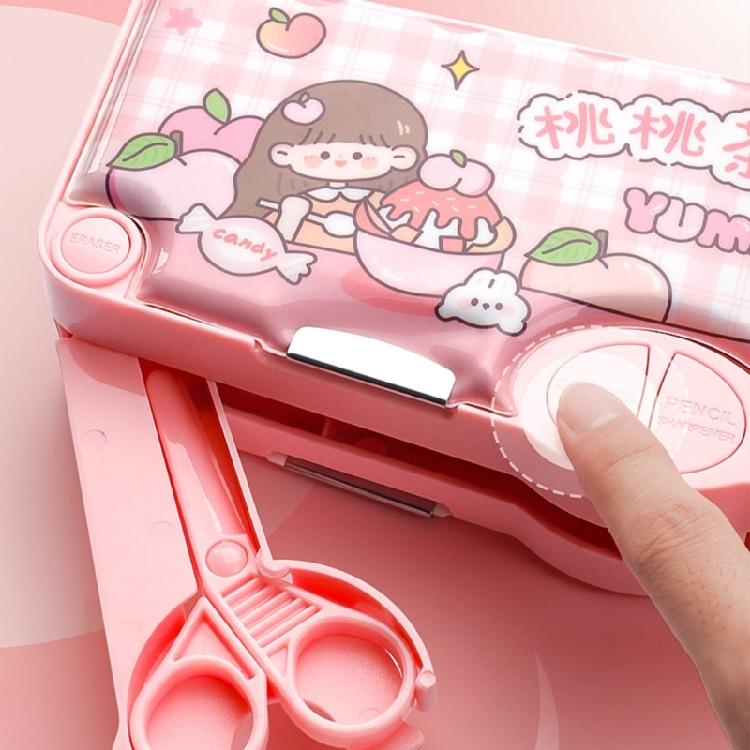 Novelty Pencil Box with Safety Scissors Sharpener Timetable Finger Wrap Tape Clear Ruler Eraser for Children Boy Girl