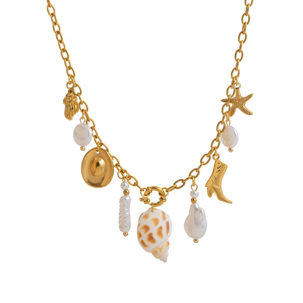 European and American Style Multi-Pendant Pearl & Stainless Steel Necklace with Small Fish, Chili, and Heart Ocean Style Choker