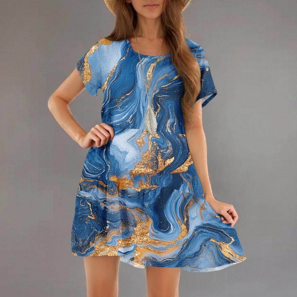 Women's Fashion Casual Round Neck Short Sleeve Ruffle Gradient Printed Dresses