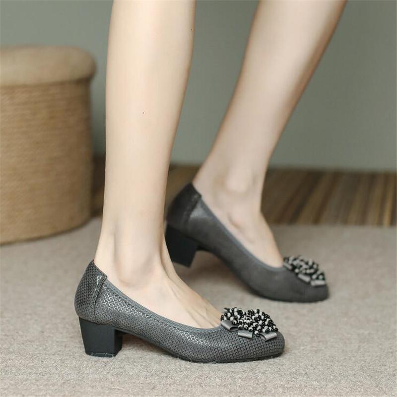Fashion Women's Shoes Spring New Thick Heel Cowhide Shallow Mouth Single Shoes Printed Beaded Wedding Party Fashion Women Pumps