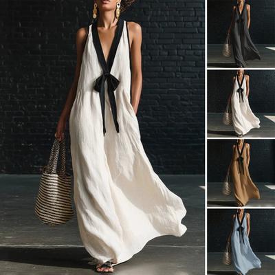 Women Color Block Deep V Neck Maxi Dress Sleeveless Flowy Loose Long Tank Dress Summer Beach Vacation Sundress with Pockets
