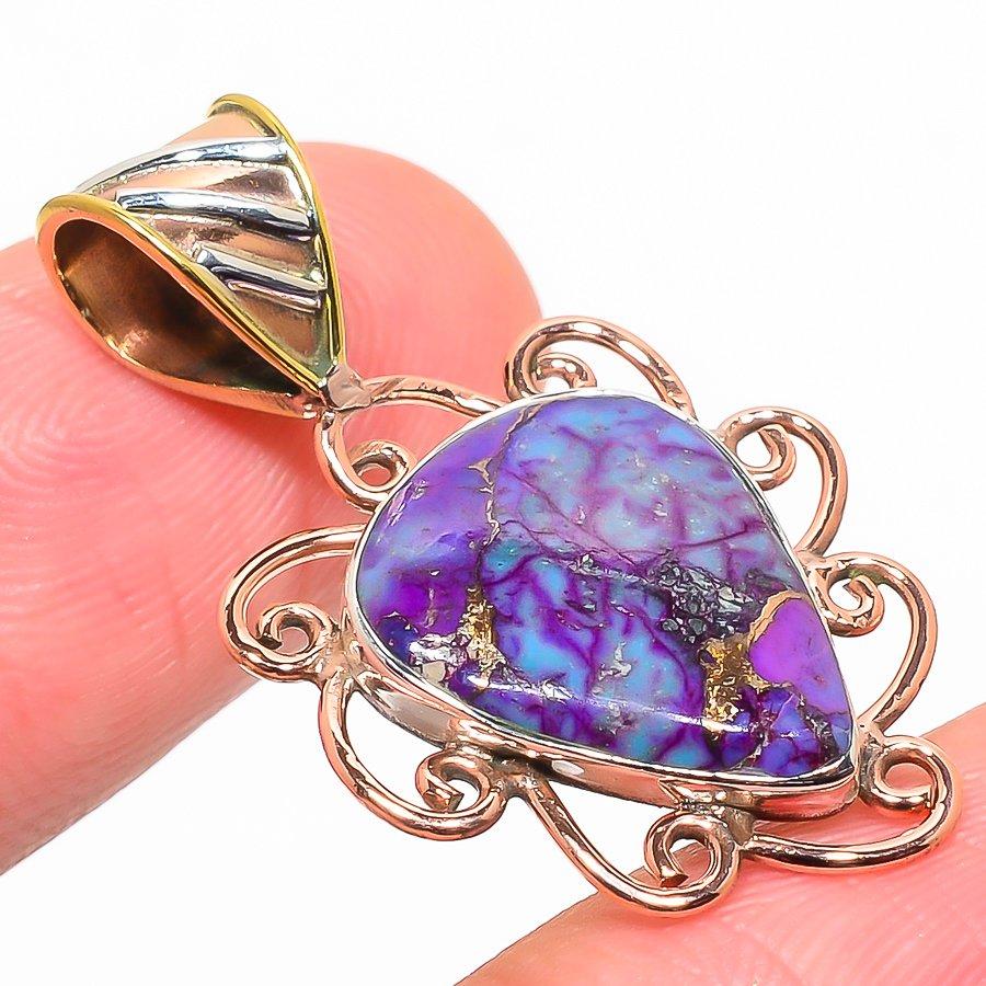 Natural Purple Copper Turquoise 925 Sterling Silver Two Tone Pendant 1.50'' d1G78