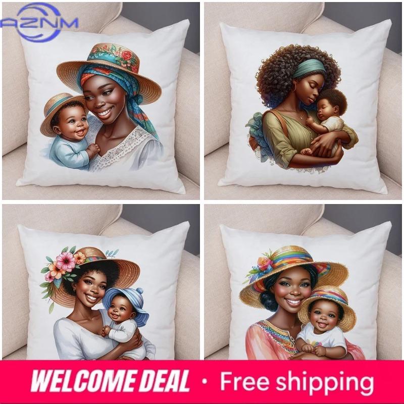 Africa Mom And Baby Pillow Case Decor Cartoon Beautiful Black Women Cushion Cover For Sofa Home Short Plush Pillowcase 45X45Cm