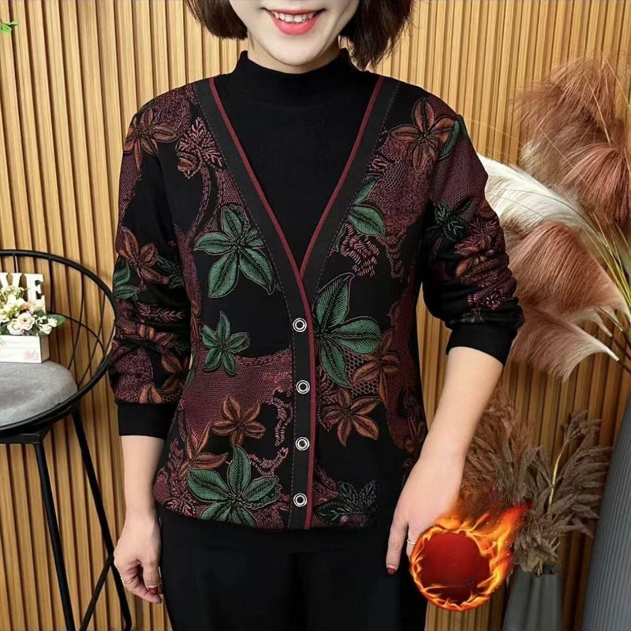 

Autumn Winter Fleece-lined Base Shirt Thick Warm Faux Two-piece Printed Flocked T-shirt Long-sleeve Base Shirt Top 5XL