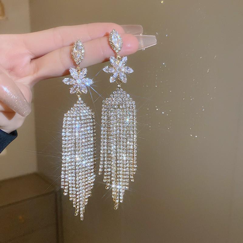 Diamond Inlaid Tassel Earrings - Silver Needle, High-End Court Style