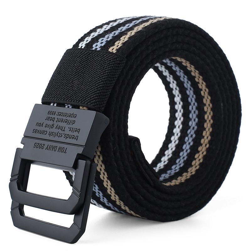 Men's Fashion Canvas Belt with Double Ring Buckle for Teens and Students - Leather-Accented and Adjustable Trousers Belt.