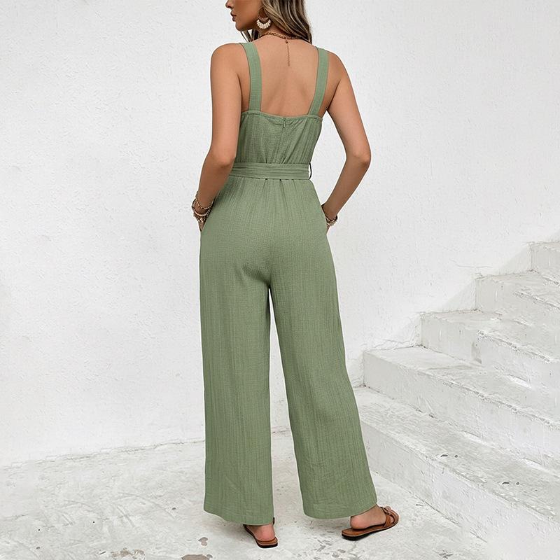 Jumpsuit for Womens Sleeveless Square Neck Belted Wide Leg Jumper Casual One Piece Vacation Outfit