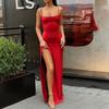 2026 New Women's Bodycon Slit Dress, Sexy Strapless High-Leg Gown with Waist Tie, Elegant Solid Color Evening & Party Dress