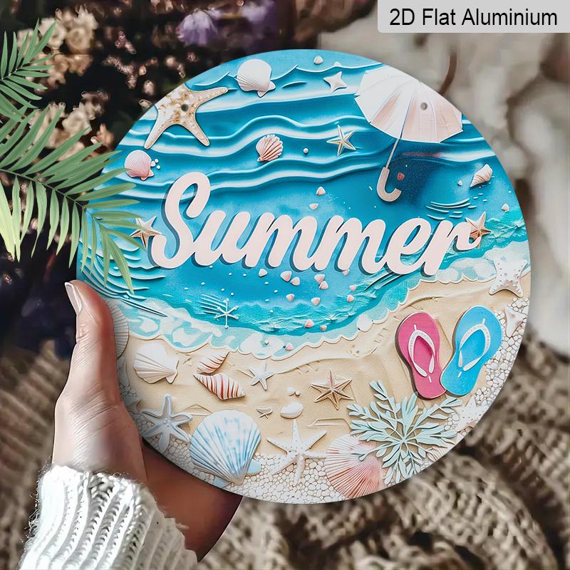 2D Flat, 1pc Round Aluminum Summer Beach Sign, Seashell & Flip Flop Metal Plaque, Ocean Wave & Starfish Coastal Design, Perfect for Beach House