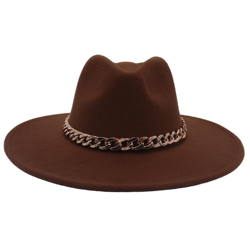 Big Brim Gold Acrylic Chain Felt Hat Solid Color Cashmere Jazz Hat French Top Hat