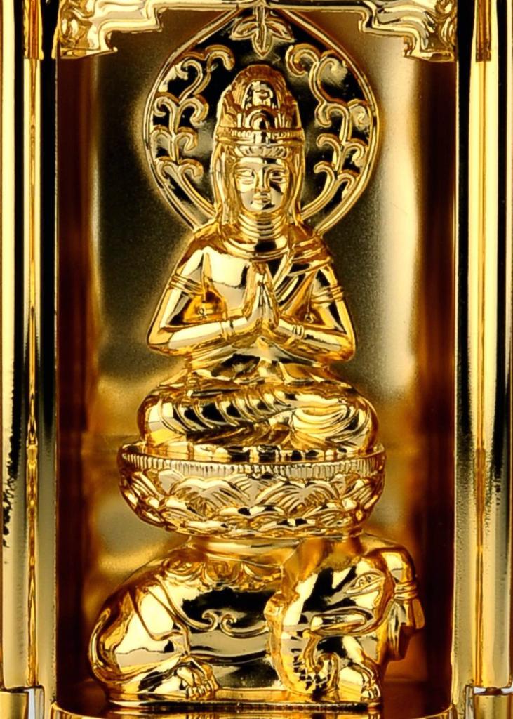 Buddhistische Statue von Fugen Bodhisattva in einem Schrein von Bildhauer Keishu Originalmodell in den Jahren des Drachen und Tierkreiszeichen-Schutzgottheit Takaoka Bronze (Gold