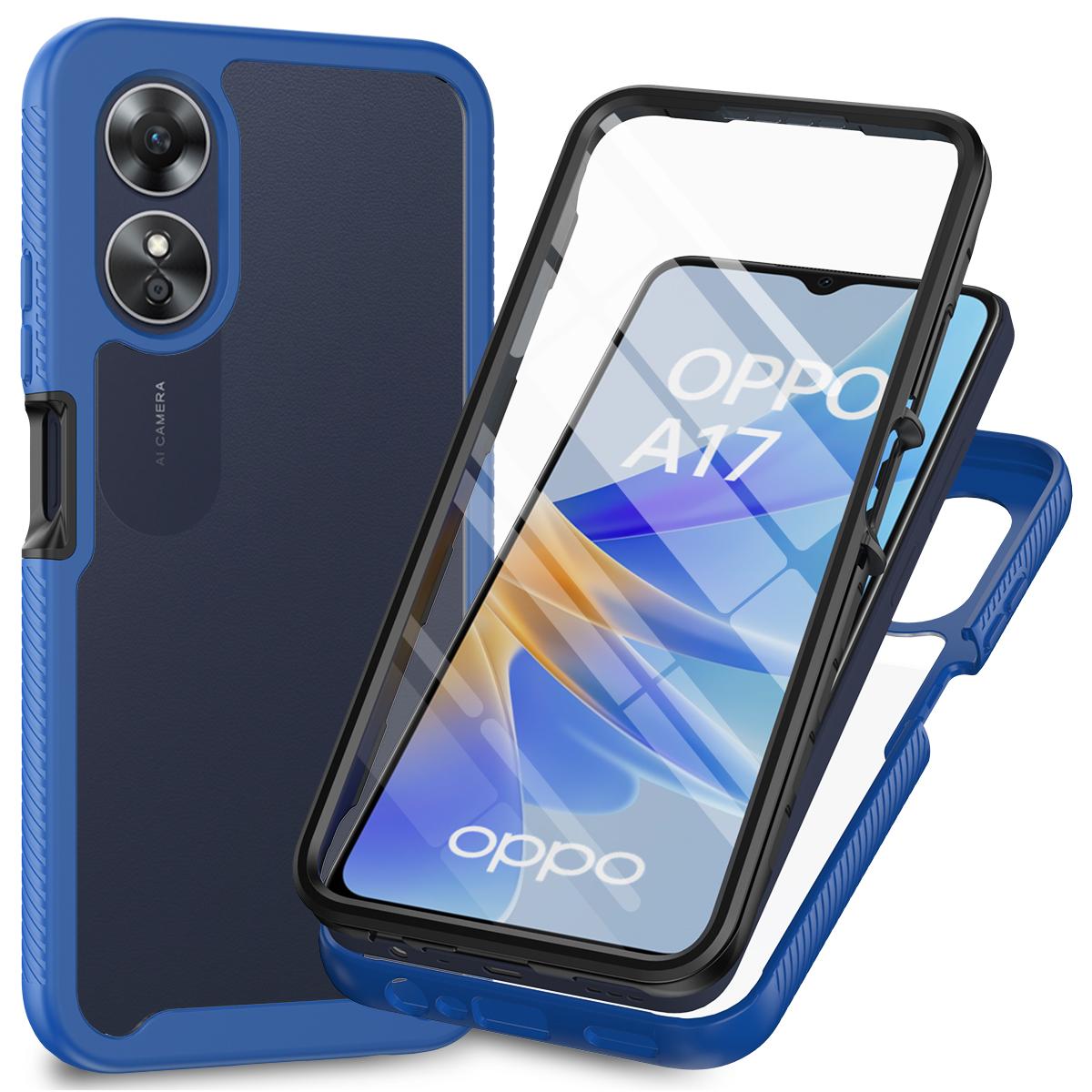 

For Oppo A17 4G Shockproof PC+TPU Phone Case Transparent Phone Cover with PET Screen Protector Dark Blue