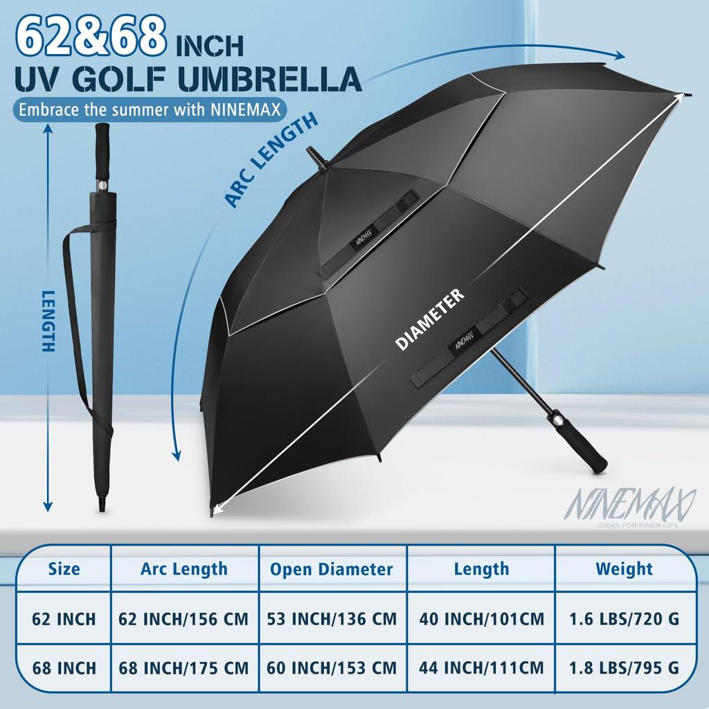 NINEMAX Golf 8 UV Super Perfect for Sun and Includes Storage Pouch 68 Umbrella, 62/68 Inch, Large, Ribs, Protection, Dual-Layer Construction, Stylish,
