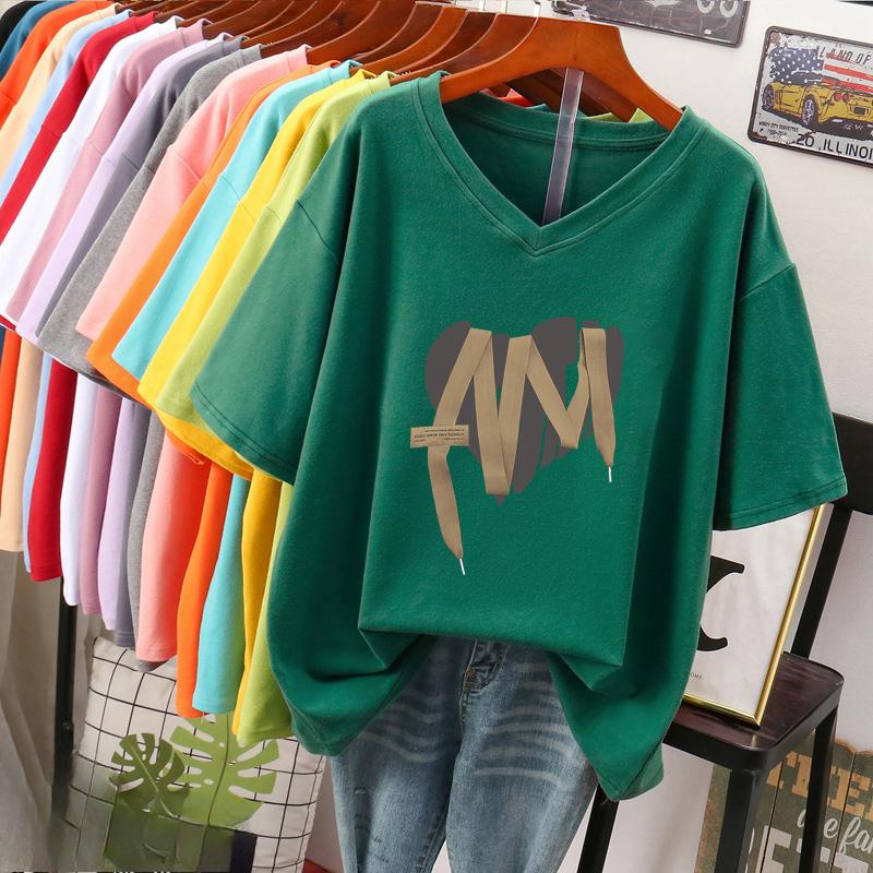 

Женская футболка с коротким рукавом, большого размера, свободная и стройнящая, топ с V-образным вырезом с принтом 3XL темно-зеленого