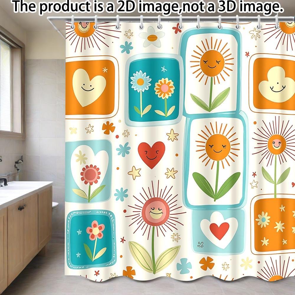 

70S Pop Art Shower Curtain – Sun, Daisy & Heart Patterns In Soft Tones, 2D Flat Print, Polyester, 70.8 X70.8 Inch W60H190(CM)-1 Pcs
