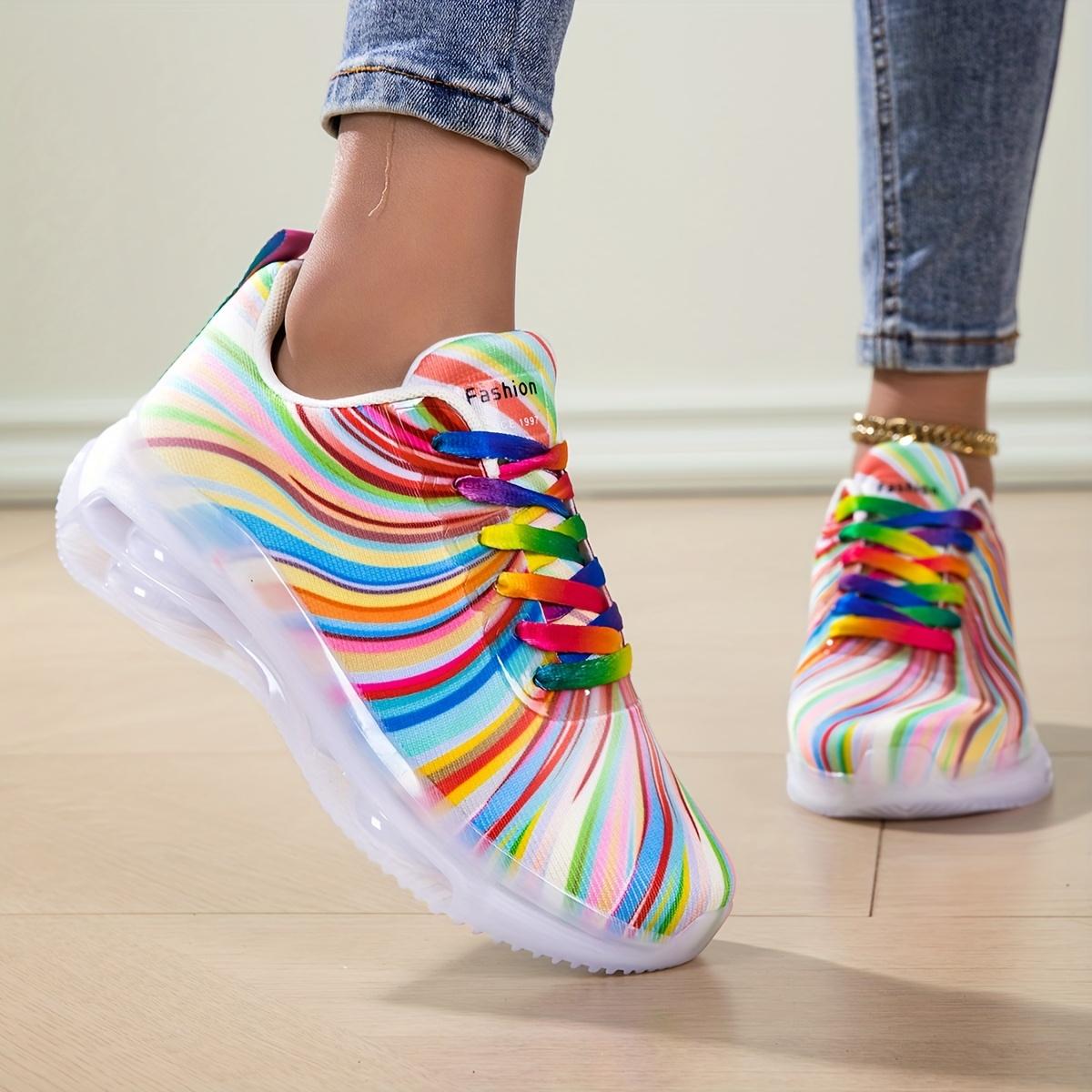 

Fashion Women s Rainbow Stripe Casual Sports Shoes Summer Mesh Fashion Flat Beach and Leisure Holiday Lace-up Running Shoes for Ladies 36