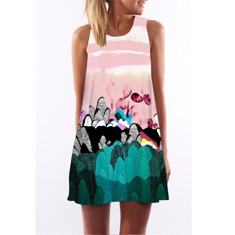 European Station European and American New Retro Digital Printing Round Neck Hot-selling Off-the-shoulder Medium and Long Vest Dress