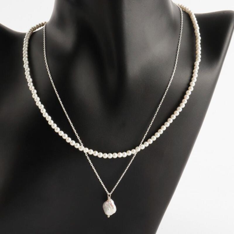 Pearl Necklace Thin Chain Layered Freshwater Square Charm
