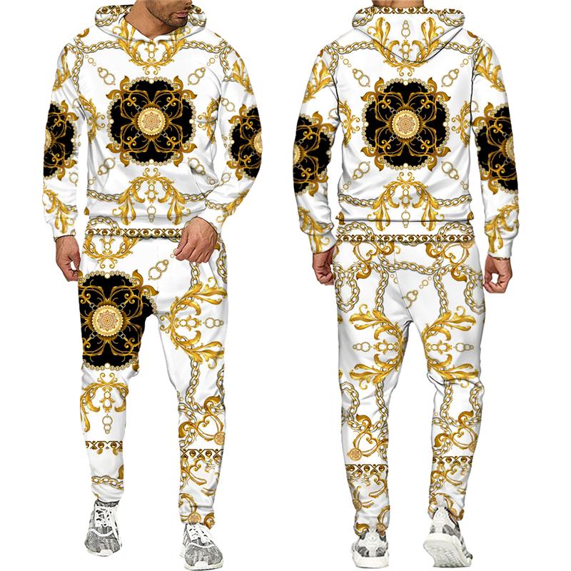 

Роскошный мужской комплект из 2 предметов с золотым цветочным принтом, толстовка с капюшоном/брюки/набор в стиле ретро в стиле барокко, уличная одежда в стиле хип-хоп, мужской/женский спортивный костюм 2XL серый