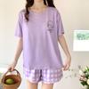 Summer comfortable crew neck pajamas for women, striped cartoon short-sleeve three-piece loungewear, in stock, direct order