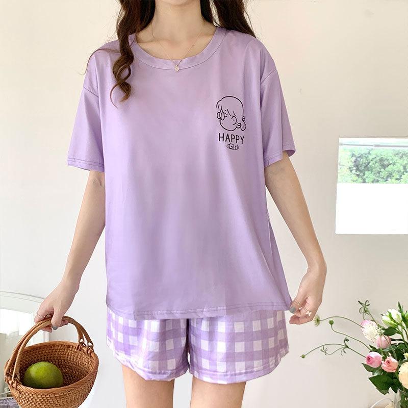 Summer comfortable crew neck pajamas for women, striped cartoon short-sleeve three-piece loungewear, in stock, direct order