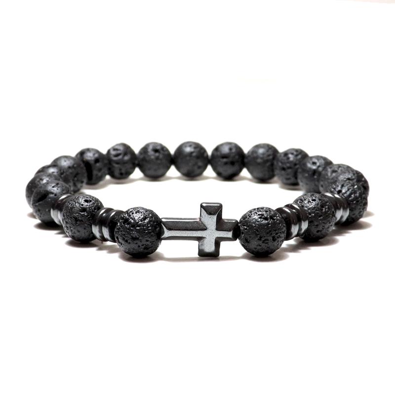 

100% Natural Volcanic Lava Bracelet Homme Black Zirconia Braclet Cross Braslet Hematite Brazalete Bileklik Gift For Boyfriend