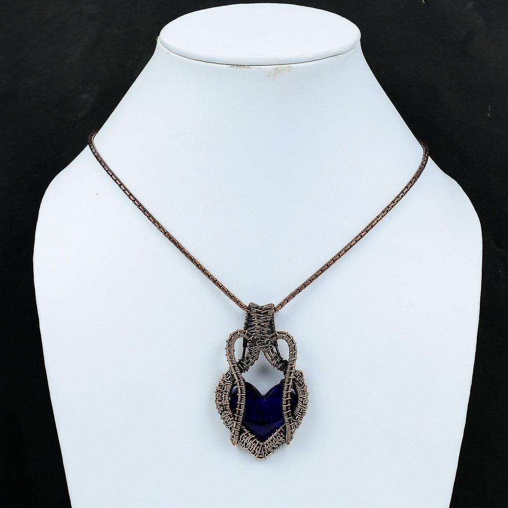 Heart Shaped Blue Flash Labradorite Gemstone Copper Wire Wrapped Handmade Jewelry Pendant