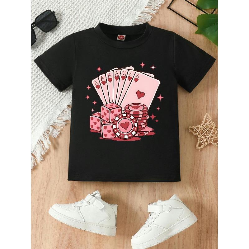 European sizes Pink Cartoon Playing Card and Dice Pattern T-shirt, Round Neck Short-sleeved Summer Top, Girls' T-shirt