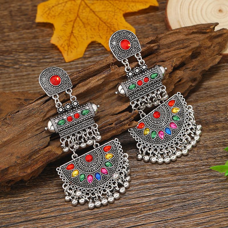 Bohemian European Retro Court Style Colorful Fan-Shaped Alloy Dangle Earrings