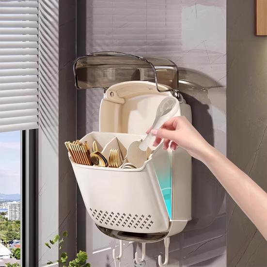 Küchenregal Wandmontierter Organizer mit Fächern, staubdichter transparenter Abdeckung und Abtropfschale, Trockenständer für