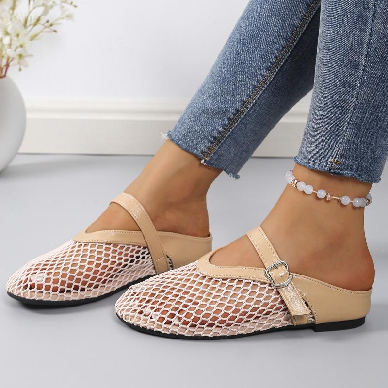Fashion Fashion Fishing Net Round Toe Hollow-out Flat Shoes Women's Baotou Shallow Mouth Belt Buckle Mesh Soft-sole Slippers