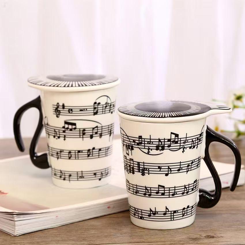 Creative Ceramic Mug, with Cup Lid Coffee Mugs, Piano Musical Note Tea Cup, Travel Cups Breakfast Milk Cup, Water Bottle Gift