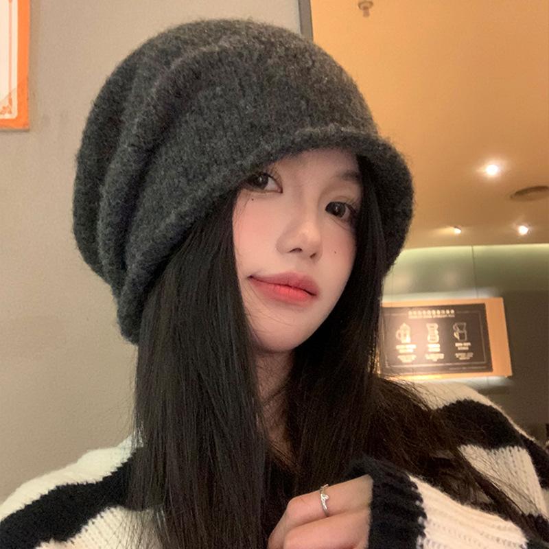 Grey Crimped Knitted Wool Hat Women's Autumn and Winter Face Small Pile Hat Big Head Circumference Ear Protection Warm Pullover Couple Hat