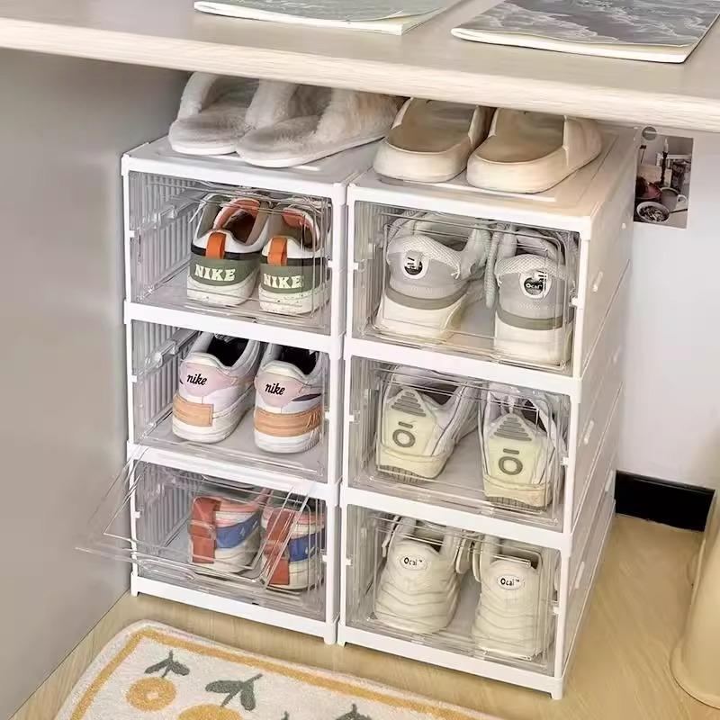 3 Layer Integrated Shoe Storage Boxes Home Organizer Folding Plastic Transparent Storage Shoe Wall Foldable Sneaker Rack Cabinet