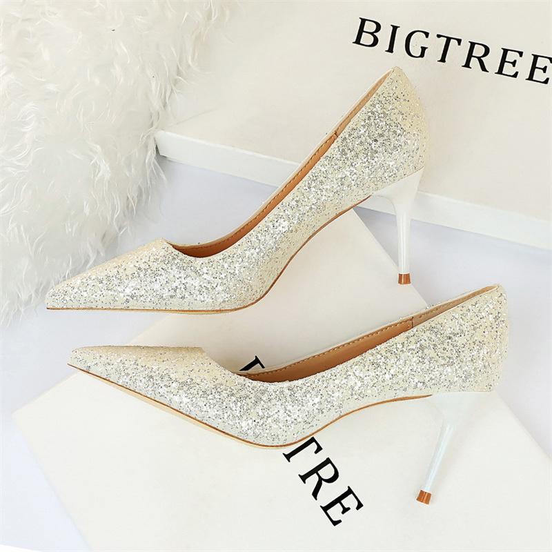  Women Fashion Pointed Toe Thin High Heels Sequins Glitter Luxury Designer Pumps Wedding Bridal Gold Valentine  Shoes