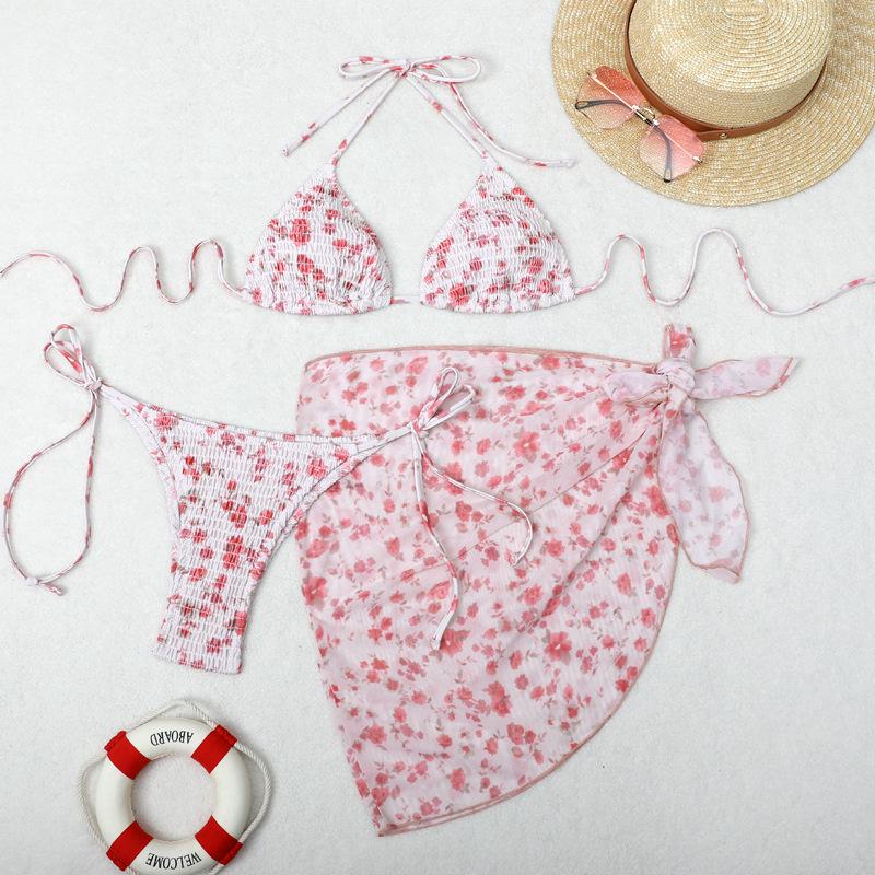 Europäisches und Amerikanisches Bedrucktes Dreiteiliges Bikini-Set mit Gaze-Rock - Sexy Urlaubs-Badeanzug