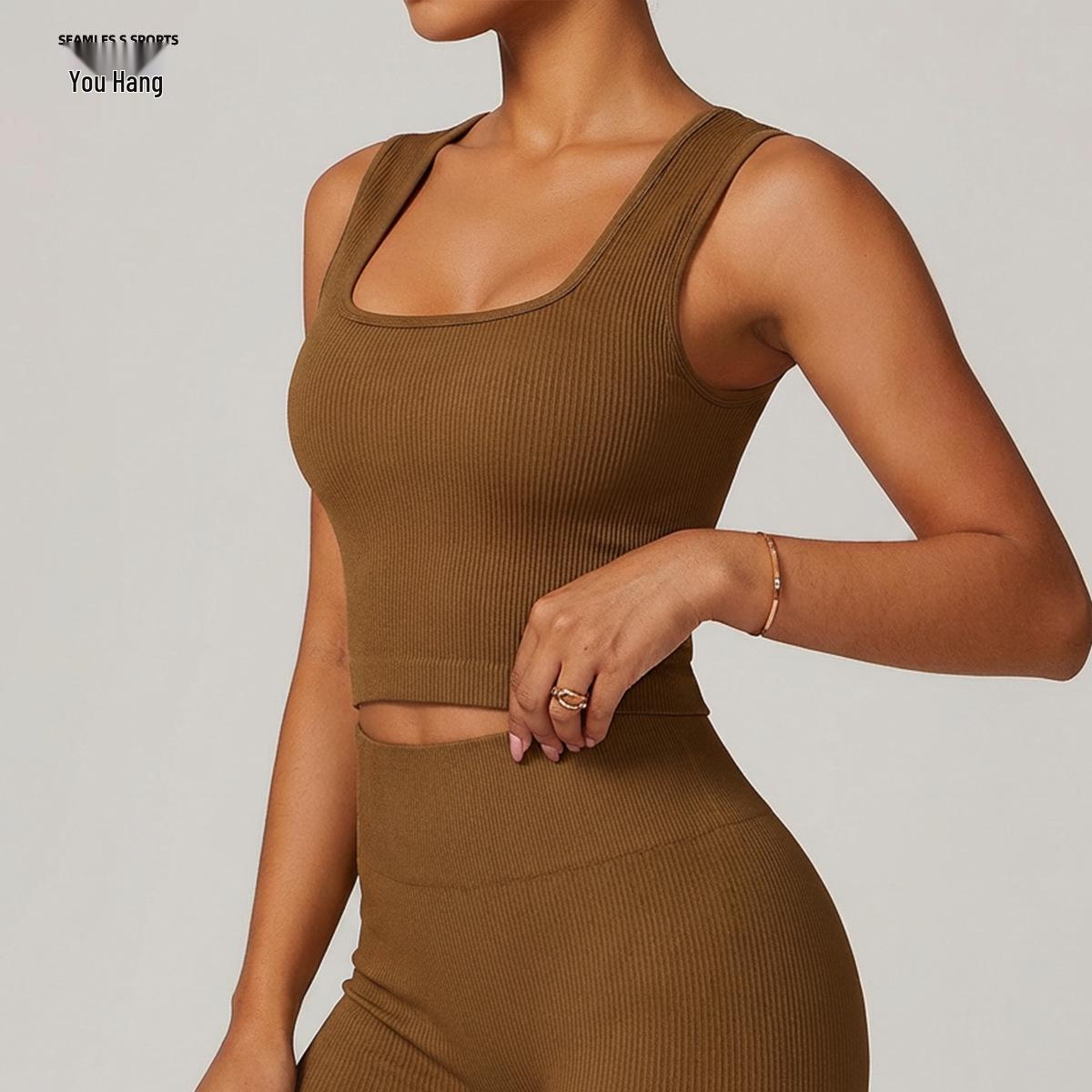 Женский бесшовный облегающий топ-майка в рубчик без рукавов для йоги и бега Small