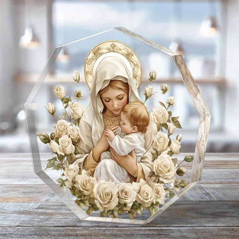 Decoração de Mesa de Acrílico Contemporânea 2D Plana da Virgem Maria e Menino Jesus, Aura Dourada e Rosas Brancas, Adequado para decoração de parede, varanda, quarto, villa,
