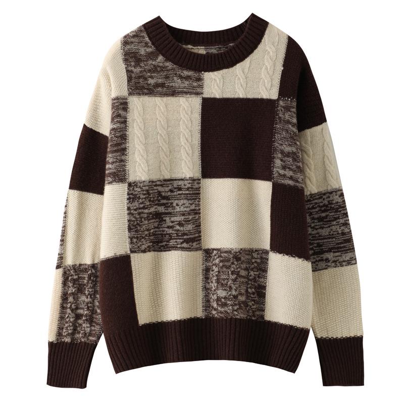 Wool Plaid Crew Neck Knitwear: 2025 Autumn/Winter Loose Pullover - Warm & Slimming Sweater