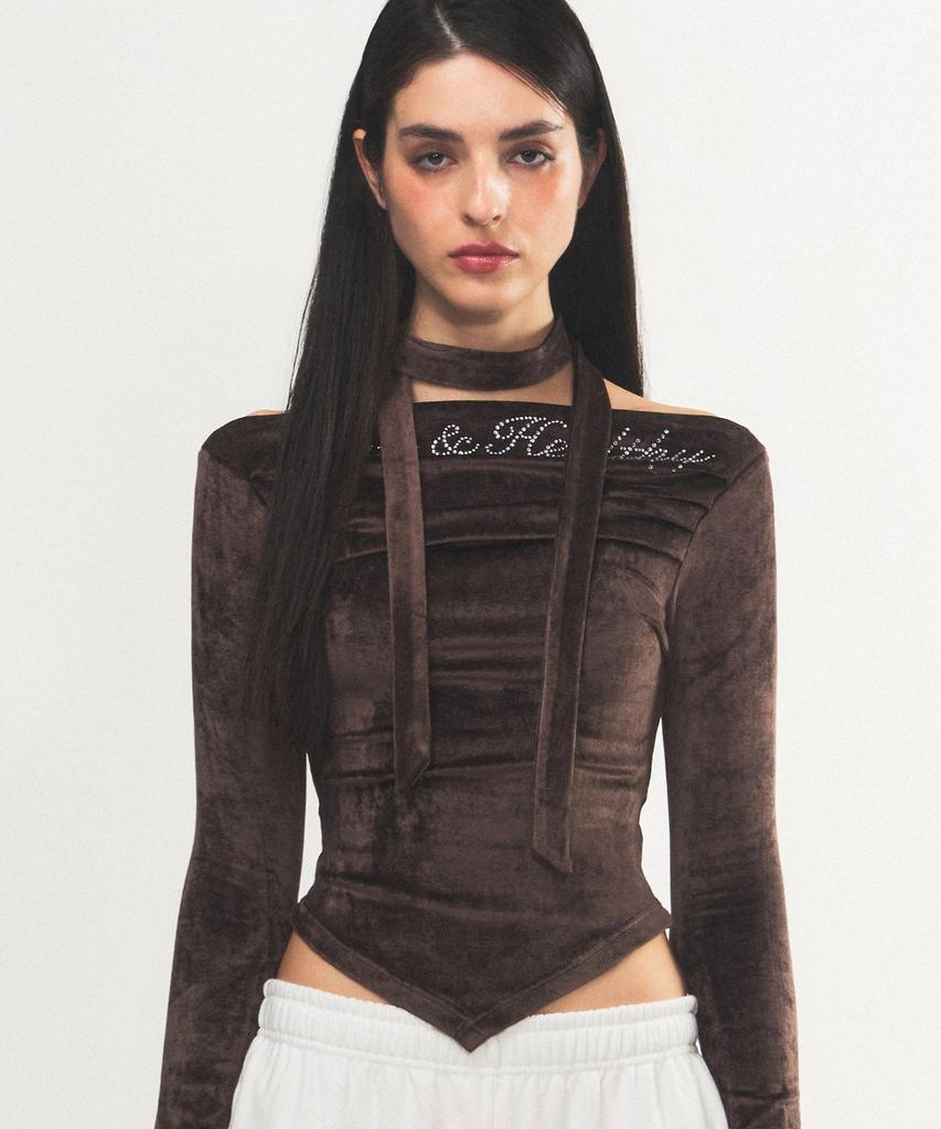 RAWMANTICS Shine Velvet Drape Cubic Scarf Top Brown