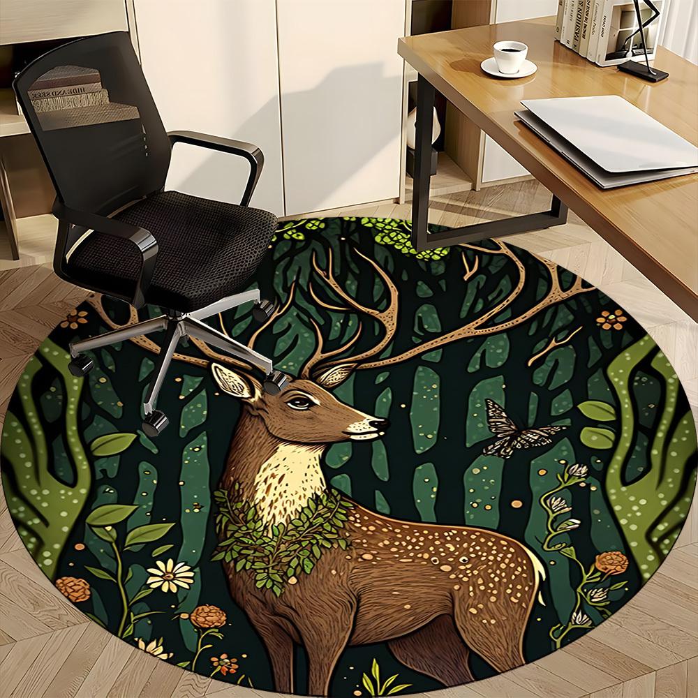 1pc Forest Deer Office Round Area Rug, Under Office Chairs Bedroom Living Room Home Decor, Room Deco