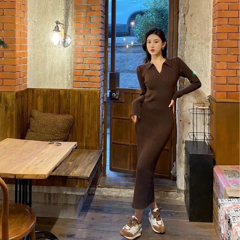 

Винтажное вязаное платье-свитер с длинным рукавом и V-образным вырезом на подкладке, женская осенне-зимняя длинная юбка XL