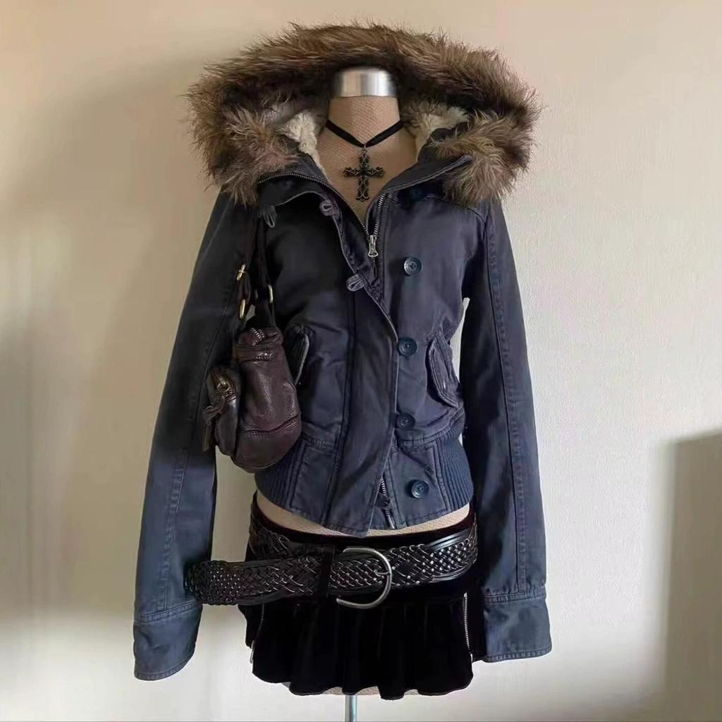 Winter American Vintage Fashion Harajuku Hooded Jacket Women Slim Brown Fur Collar Short Coat Casual Streetwear Chic Outerwear
