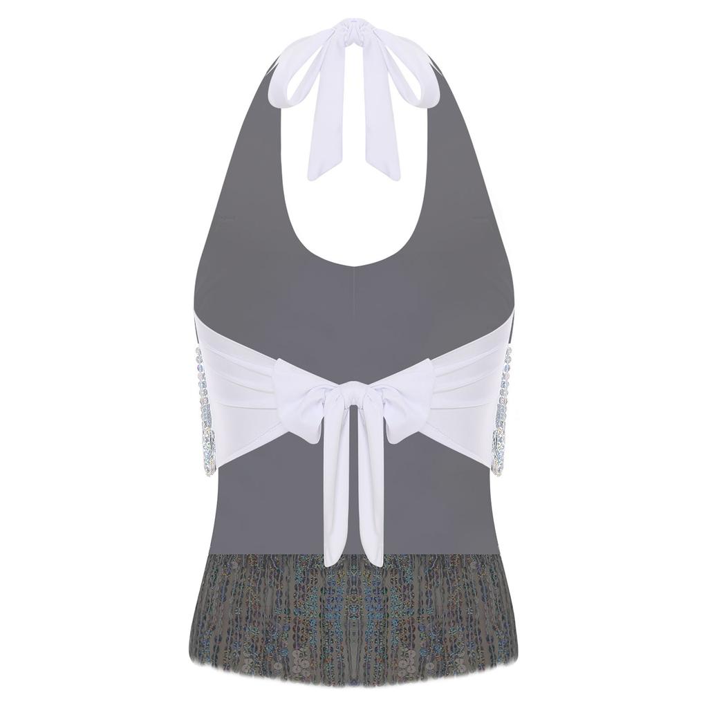 Womens Sleeveless Halter Top Sequins Tassel Fringe Crop Bra Dance Wear