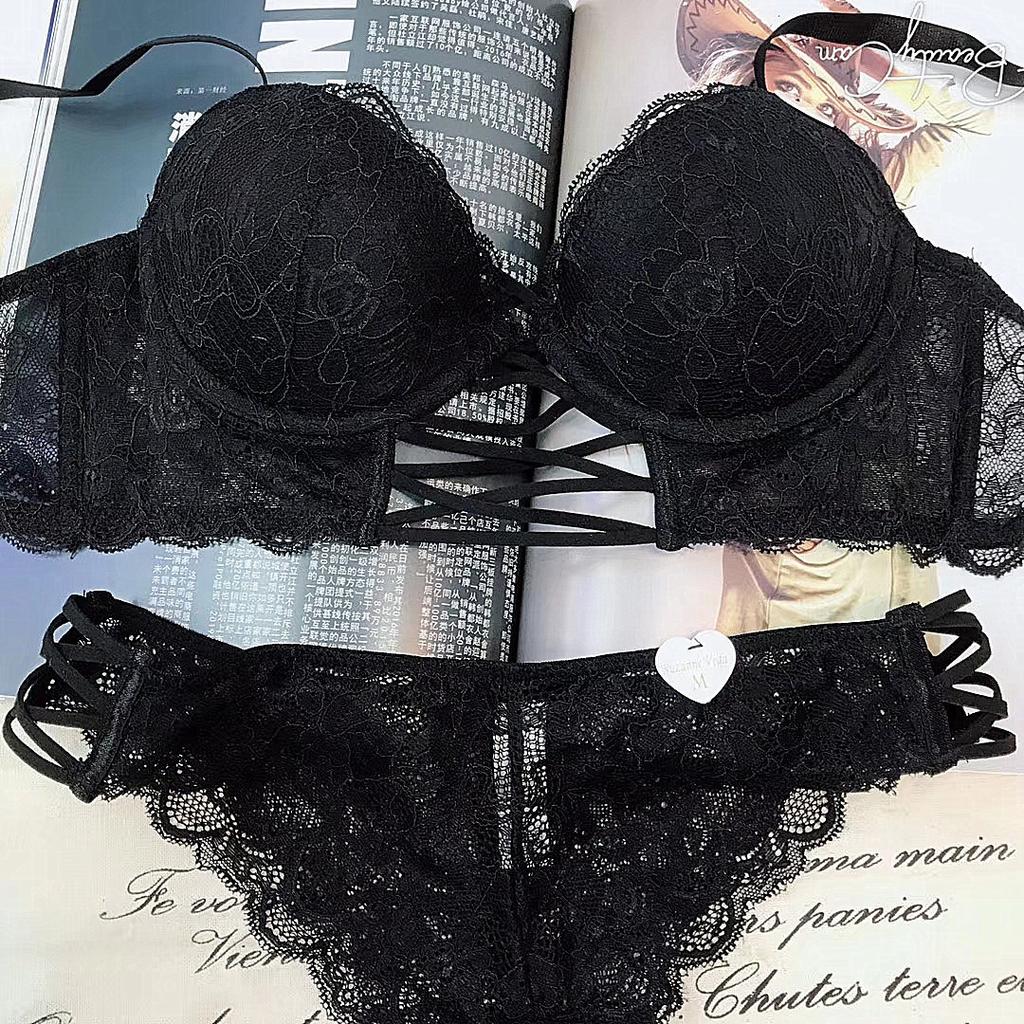 French Sexy Strap Lace Underwear Women's Upper Thin Lower Thick Gather Bra Deep V Big Bust Small Bra