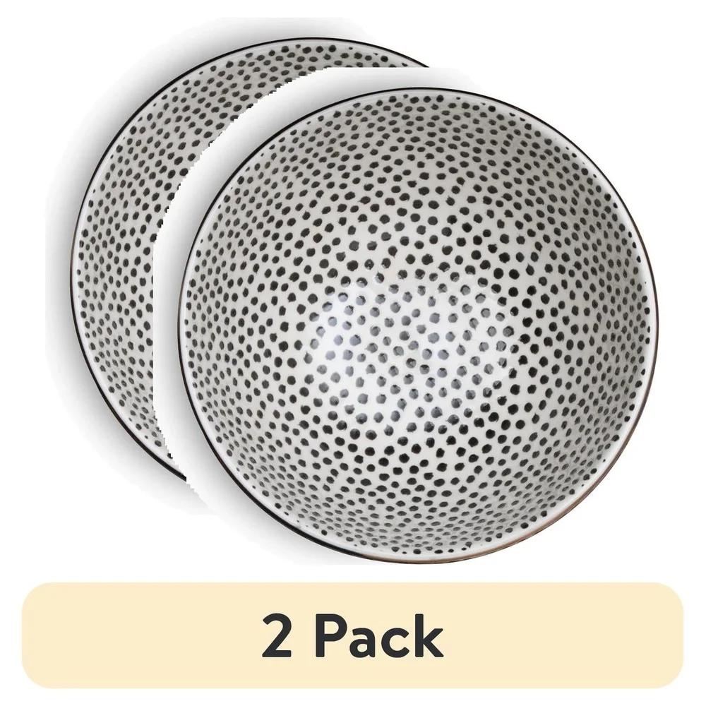2 Pack Stoneware Bowls Dishwasher Microwave Safe Elegant Dining Essential Tableware Black White Dot Design Durable Chef